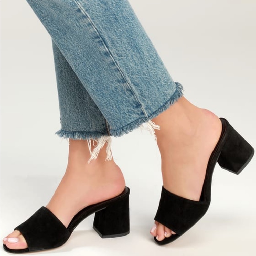 Black Suede Leather Peep Toe Mules